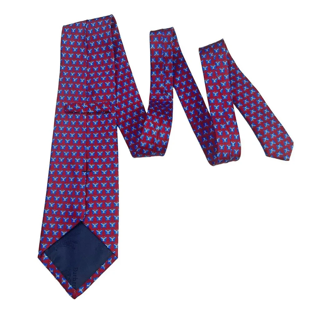 Vintage NWOT Burberrys Tie Mens Burgundy Blue Butterfly Pattern 100% Silk